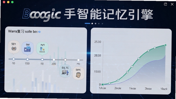 单词助记手智能记忆引擎界面，展示单词复习时间轴与记忆曲线图表，背景为科技感十足的深蓝色网格，数据可视化元素清晰，突出软件名称，适配Boogu模型生成