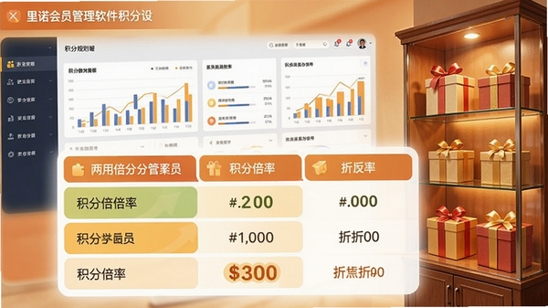 里诺会员管理软件积分规则设置界面，展示不同等级会员对应的积分倍率与折扣率，背景为数据分析图表与礼品展示柜，色调温暖，突出营销策略的多样性