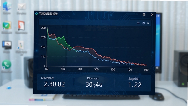 网络流量监视器主界面预览图，一个简洁的电脑桌面窗口，中央显示实时上传下载速度曲线图，下方有流量统计数字，整体以深蓝色科技感为主题，背景为模糊的电脑桌面，清晰展示软件名称网络流量监视器，风格写实，光线明亮