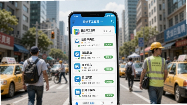 日结零工直聘整体界面展示，手机屏幕显示附近日结岗位列表，背景为城市街头忙碌的劳动者，风格写实明亮，突出灵活就业主题，主体为APP界面，背景为模糊城市建筑，整体色调清新自然，适合应用商店宣传图
