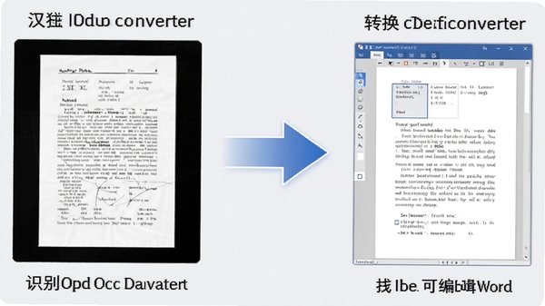 汉王pdfconverter的OCR文字识别功能示意图,图片左侧为扫描的纸质文档,右侧为转换后的可编辑Word文档,中间用箭头连接,背景色调为浅灰色,突出识别的高效与准确性