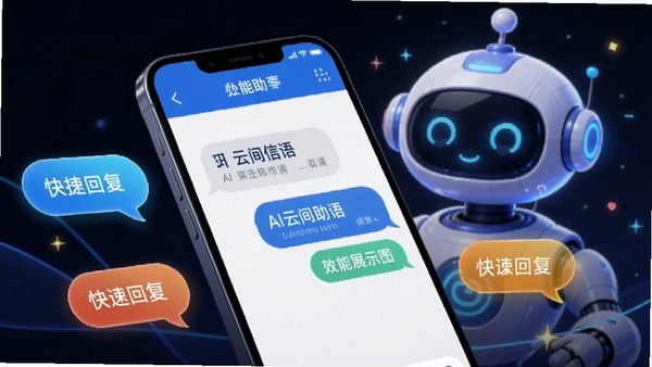 云间信语智能助手功能展示图，画面为手机屏幕内显示对话界面，背景有发光的机器人头像和快捷回复气泡，线条流畅，色彩明亮，突出AI辅助和高效沟通理念。