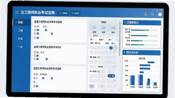 监理工程师执业资格考试宝典的智能题库界面，屏幕中展示多道选择题及答题卡，右侧显示正确率统计与知识点分析图表，整体界面采用蓝白配色，风格简洁直观，适合长时间学习。