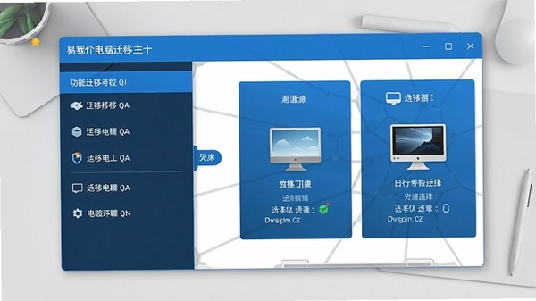 易我电脑迁移主界面预览图，展示清晰的迁移步骤向导，左侧为功能列表，右侧为源磁盘与目标磁盘的选择窗口，整体界面简洁现代，以蓝色为主色调，背景为干净的浅灰色工作台