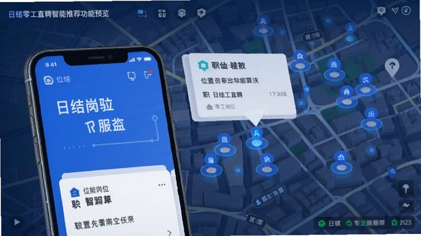 日结零工直聘智能推荐功能预览，地图上显示附近岗位分布点，点击某个点弹出职位卡片，画面简洁科技感，主色调为蓝色，突出位置服务与智能算法，前景为手机界面，背景为城市地图