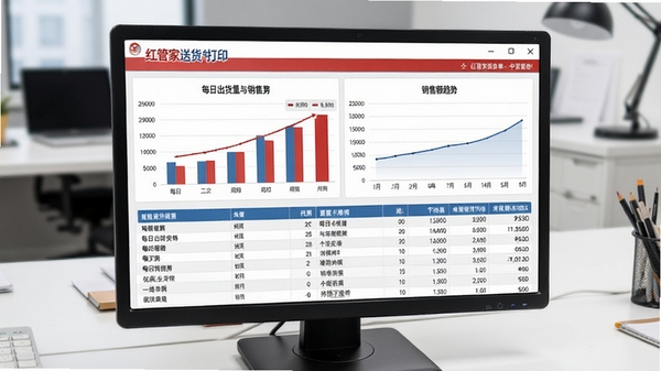 红管家送货单打印软件数据统计报表界面，展示柱状图与明细表格，显示每日出货量与销售额趋势，背景为简洁的白色工作台