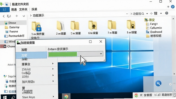 易通文件夹锁右键菜单功能演示，鼠标指针悬停在“加密”选项上，左侧弹出加密进度条窗口，背景为带有多个文件夹的Windows资源管理器界面，画面清晰展示软件在系统菜单中的深度集成