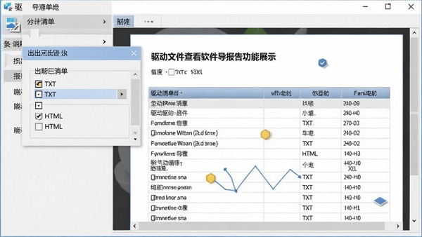 驱动文件查看软件导出报告功能展示,软件界面显示导出选项菜单,可选择TXT或HTML格式,背景为报告预览窗口,内容为驱动清单表格,画面突出报告的条理性和可读性。