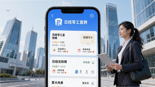 日结零工直聘软件主界面展示，手机屏幕上有日结零工直聘的logo和多个日结岗位列表卡片，背景为现代城市建筑与求职者形象，整体风格明亮清晰，适配Boogu模型生成
