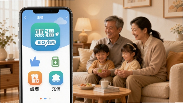 惠疆生活app便民服务功能预览图，手机界面展示缴费、充值等图标，背景为温馨家庭生活场景，色彩柔和，突出便捷与安全，适配Boogu模型生成