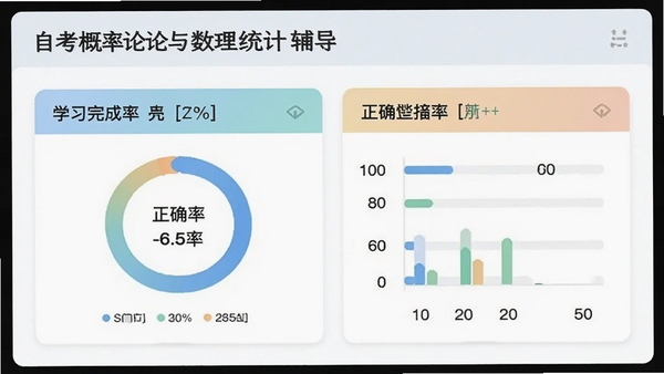 自考概率论与数理统计辅导的学习进度页面，以图表形式展示学习完成率和正确率，界面采用卡片式设计，色彩搭配舒适，数据可视化清晰直观