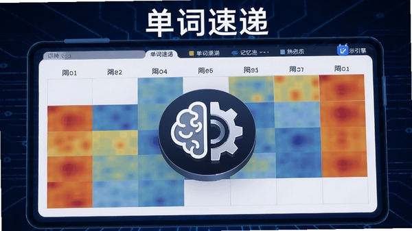 单词速递智能记忆引擎示意图，屏幕上展示单词速递的复习日历热力图，不同颜色代表记忆强度，中央是一个大脑与齿轮结合的图标，背景为深蓝科技感，画面清晰标注单词速递字样