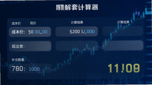 股票解套计算器主界面预览图,显示成本价、现价、补仓数量等输入框和计算结果区域,背景为深蓝色股市行情图表,整体风格专业简洁,界面元素清晰,数字显示醒目,高清渲染