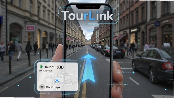 TourLink AR实景导航功能预览,手机屏幕显示街道实景与虚拟箭头指示,前景有导航信息卡片,背景为真实街景,突出软件名称TourLink,画面融合现实与虚拟元素,科技感强烈