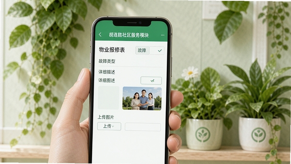胡连胜社区服务模块,画面中手机屏幕显示物业报修表单,包含故障类型、详细描述、上传图片等选项,背景为绿色植物装饰,象征绿色服务,整体风格清爽自然