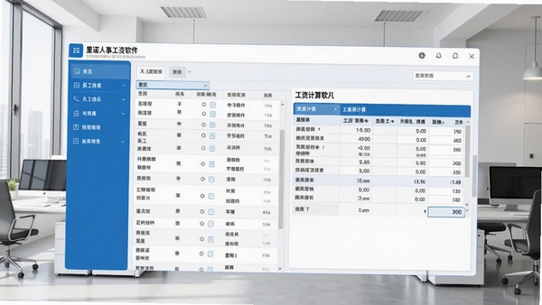 里诺人事工资软件主界面预览图,展示清晰的员工信息列表与工资计算表格,背景为现代简洁的办公室环境,界面以蓝白配色为主,数据表格整齐排列,整体画面明亮专业