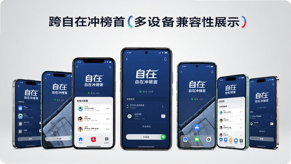 自在冲榜首多设备兼容性展示图,画面中排列着多款不同品牌的智能手机,屏幕上都显示着自在冲榜首的运行界面,背景为浅灰色渐变,突出跨设备无缝同步和稳定运行的特点