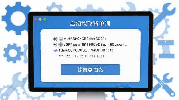 能飞背单词解决启动报错问题的界面示意图，屏幕上显示错误代码与修复按钮，背景有齿轮和工具图标，色调以蓝色和白色为主，画面清晰专业