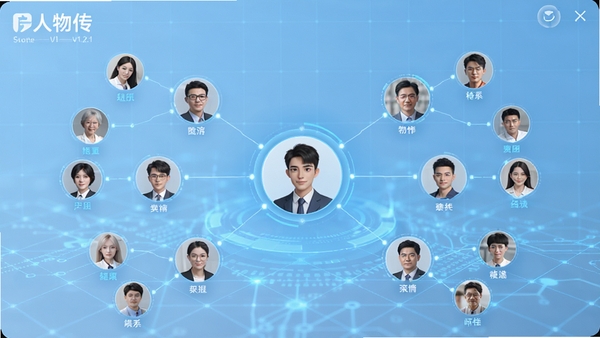 人物传v1.2.1新增人物关系图谱功能界面，以中心人物为核心，放射状连接相关人物头像，背景为淡蓝色科技感网格，整体风格清晰直观，突出“人物传”品牌标识。