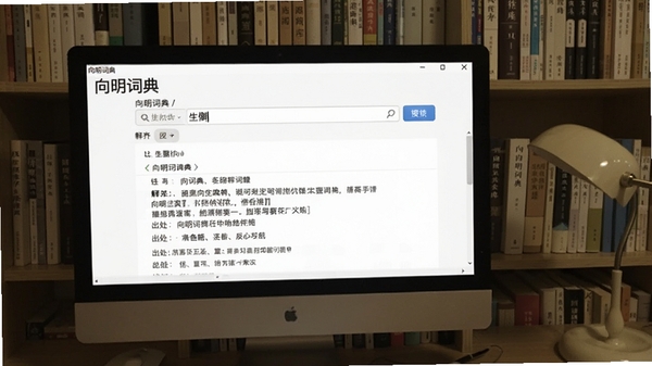 向明词典离线词库示意图，画面展示电脑屏幕上打开的向明词典软件，搜索框内输入生僻字，下方显示详细的释义和出处，背景为书房环境，书籍整齐排列