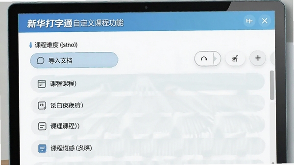 新华打字通自定义课程功能截图,显示导入文档选项和课程难度选择界面,列表中有多个课程名称,界面布局清晰,色调清新