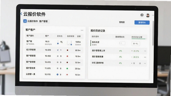 云报价软件客户管理页面，展示客户列表和报价历史记录，背景为白色卡片式设计，突出数据条理性和管理便捷性