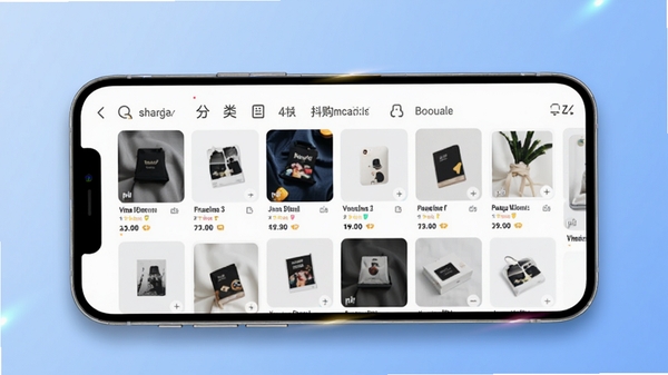 抖购物商城主界面预览图，展示首页商品瀑布流布局，顶部搜索栏与分类导航清晰可见，背景为柔和渐变蓝色，商品卡片整齐排列，整体风格现代简约，突出购物氛围，画面主体为手机屏幕内的商城界面，周围配以轻微阴影和光效，适配Boogu模型生成