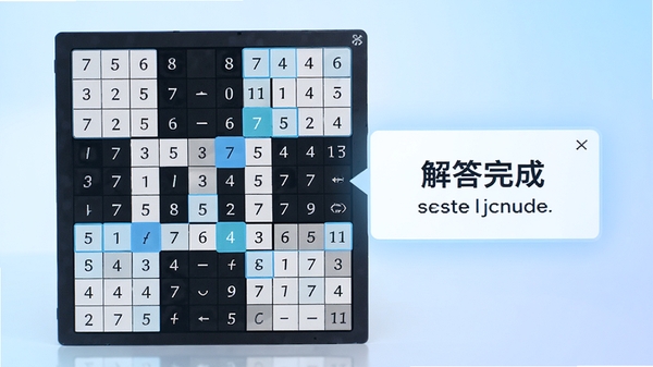 数独计算器正在自动求解的界面，网格中的数字被高亮显示，旁边弹出“解答完成”的提示框，背景为淡蓝色渐变，体现智能高效的求解过程
