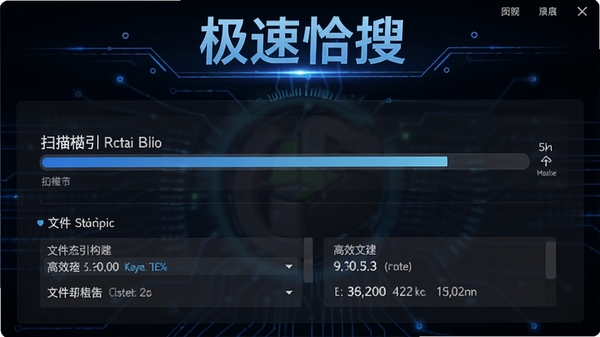 极速恰搜的索引构建过程界面,显示扫描进度条和文件统计信息,背景为深色科技感风格,软件名称出现在界面顶部,突出高效索引的核心功能