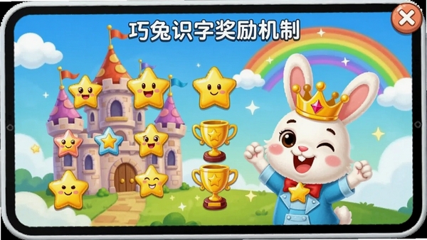 巧兔识字奖励机制界面,屏幕上展示着孩子收集的各种卡通星星和奖杯,一只小兔子戴着皇冠在庆祝,背景是充满童趣的城堡和彩虹,色彩明亮,营造出成功和喜悦的视觉感受