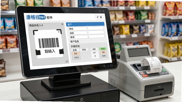 唐格拉进销存软件销售开单界面，屏幕显示商品扫码录入窗口、客户信息和价格折扣区域，收银小票打印机在旁边，背景为零售店铺收银台，画面明亮写实