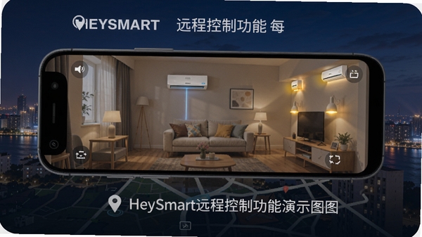 HeySmart远程控制功能演示图，画面展示手机地图定位与远程开关灯操作，背景为户外城市夜景，手机屏幕亮着显示家中客厅画面，空调、灯光已开启，科技感十足，细节丰富。