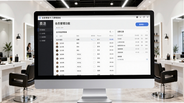 喜途美容美发管理系统主界面预览图，画面主体为电脑屏幕中展示的会员管理功能界面，背景为整洁明亮的美发沙龙店铺环境，界面清晰显示会员列表与消费记录，整体风格专业且现代