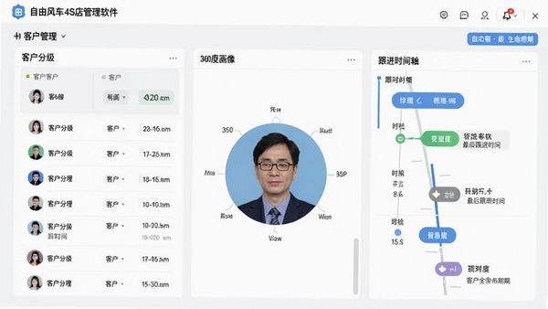 自由风汽车4S店管理软件客户管理界面示意图，显示客户列表、360度画像视图、跟进时间轴，界面清晰展示客户分级和最后跟进时间，突出客户全生命周期管理理念