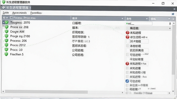 长生进程管理器软件信息识别功能展示图，界面显示选中进程的详细属性面板，包括路径、版本、签名状态、公司名等，并用绿色盾牌图标表示可信进程，红色问号表示未知进程