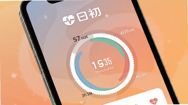 日初软件主界面预览图,手机屏幕展示健康数据仪表盘,背景为温馨的渐变色,主体是日初品牌LOGO与圆形数据环,整体风格扁平化设计,色彩清新明亮,突出健康管理主题