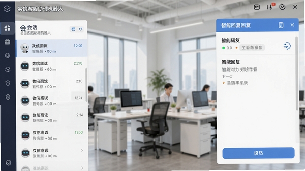 易信客服助理机器人主界面截图,展示清晰的功能分区,左侧为会话列表,右侧为智能回复面板,背景为现代办公场景,风格简洁明亮