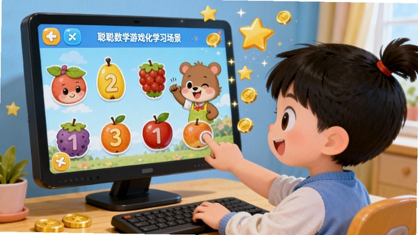 聪聪数学游戏化学习场景示意图，画面中一个小朋友正在电脑前点击拖拽数字水果，屏幕上的卡通动物给出鼓励反馈，周围有星星和金币奖励特效，体现寓教于乐的互动学习氛围