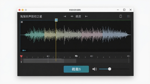 淘淘铃声剪切之星的主界面预览图，展示波形编辑区、时间轴、裁剪按钮和音量调节滑块，背景为深灰色调，软件窗口居中，四周留白，整体风格简洁现代，突出音频剪辑工具的实用性