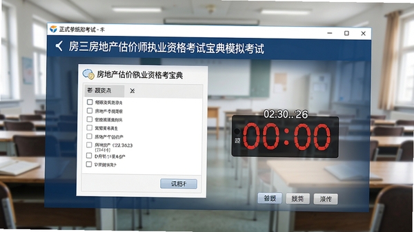 房地产估价师执业资格考试宝典模拟考试界面,显示答题卡与倒计时,界面风格与正式考试系统一致,背景为安静的考场环境,画面明亮清晰