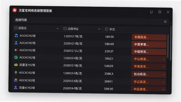 流量宝网络连接管理面板，列出连接列表，包含进程名、远程地址、状态等列，背景为深色界面，文字高亮显示异常连接，强调安全管理功能