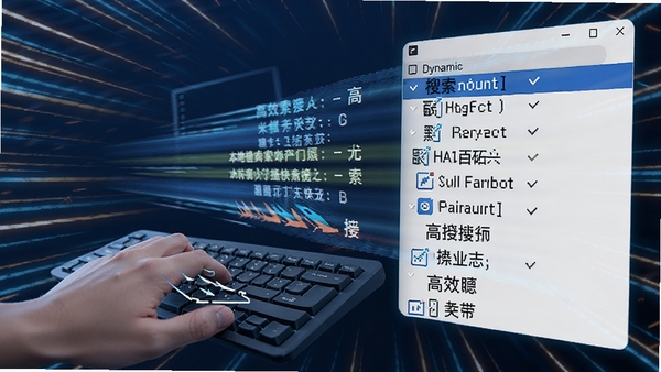 展示本地硬盘搜索工具瞬时搜索效果的动态示意图，键盘敲击后结果瞬间填充列表，背景带有速度线元素，强调高效快捷