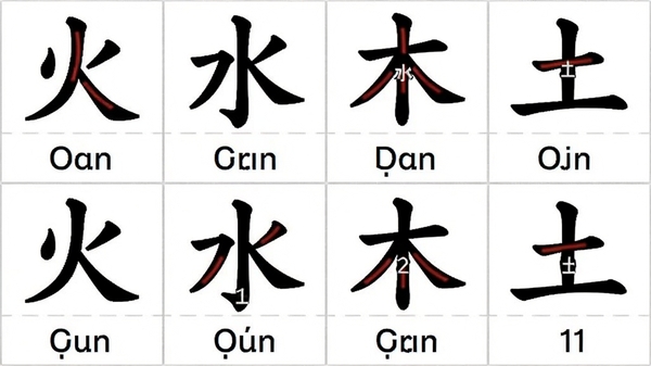 笔画笔顺查询字典软件批量查询结果截图，画面中显示一个表格，表格中并排展示“火”、“水”、“木”、“土”四个汉字的笔顺分解图、拼音和笔画数，表格设计简洁清晰，每行有浅灰色分隔线，整体视觉风格干净明亮，突出对比效果。
