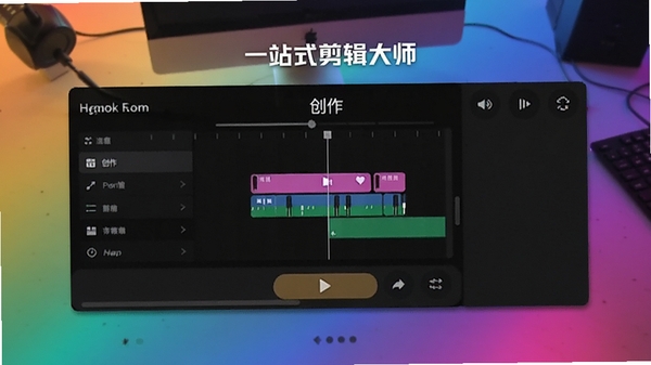 一站式剪辑大师主界面预览图，展示其简洁的轨道布局与醒目的创作按钮，背景为渐变色工作台，突出软件名称与核心功能区域，适配移动端竖屏显示。