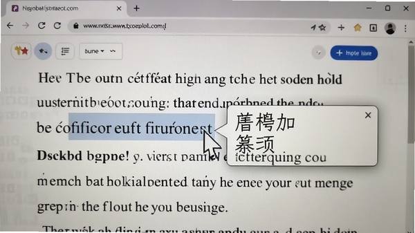 拼音加加屏幕取词功能的实际效果图，鼠标指向一段英文文本，旁边浮现出中文释义的浮动提示框，背景为浏览器阅读界面，体现其辅助学习的便捷性