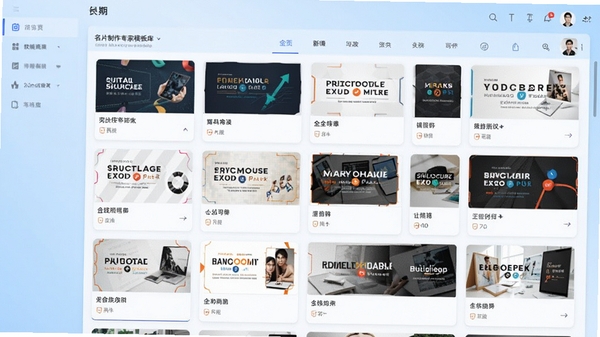 名片制作专家模板库界面,展示多个行业分类的模板缩略图,界面布局整齐,模板风格多样,背景为浅蓝色渐变,细节丰富