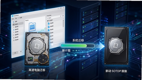 易我电脑迁移系统迁移功能示意图，画面展示一块旧硬盘的数据通过软件界面流向一块新固态硬盘，中间有进度条和文件列表，背景为科技感的光效，突出高速传输与完整性