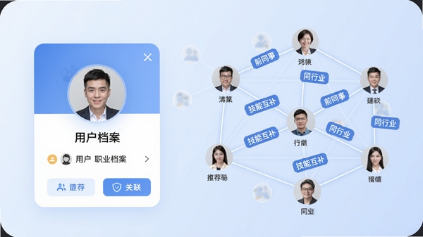 荐桥APP智能匹配功能截图示意,画面左侧为一位用户的职业档案卡片,右侧以网络图谱形式展示其与多位推荐联系人之间的关联线,线条上标注着“前同事”、“同行业”、“技能互补”等标签,背景为柔和的浅蓝色渐变,突出算法推荐与关系链可视化