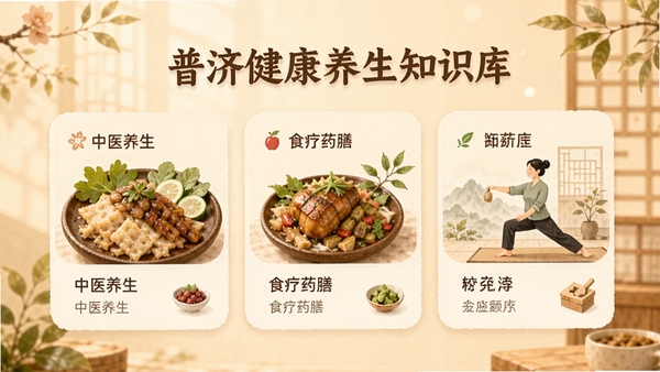 普济健康养生知识库界面，展示中医养生、食疗药膳等分类卡片，配以精美的食物和运动插图，背景为暖色调，营造温馨的学习氛围