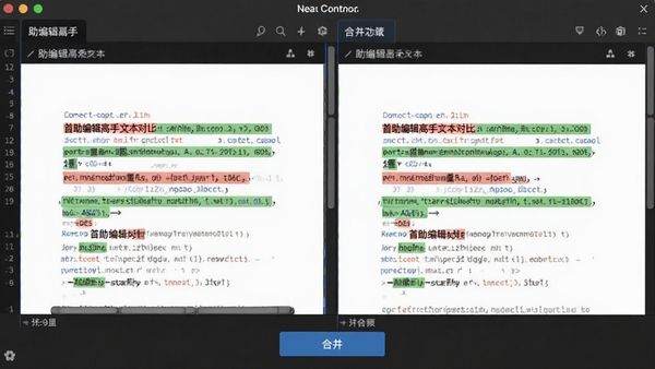 首助编辑高手文本对比功能界面，左右两侧显示两个文档内容，不同之处用红色和绿色高亮标注，下方有合并按钮，背景为深色代码编辑器风格，软件名称显示在顶部，画面风格专业，细节丰富，比例为16:9